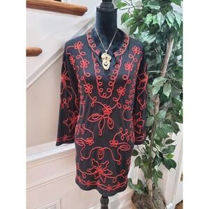 Catherines Black and Red Polyester V-Neck Long Sleeve Casual Pullover Blouse 2X